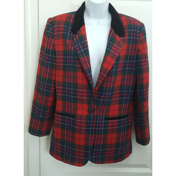 Women Red Tartan Velvet Collar Holiday Jacket Blazer Coat Retro Vtg 80s Sz 8 - Picture 1 of 7
